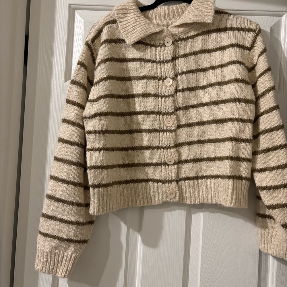 bohme Cream and Brown Striped Button-Up Cropped Cardigan NWT